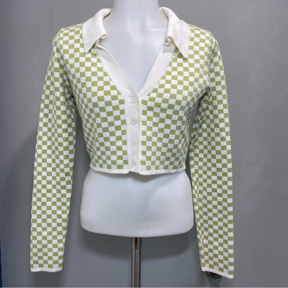 Tara Long Sleeve Checkered Cropped Cardigan Small . - Picture 4 of 11